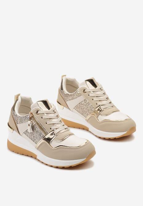 Beżowo-Złote Sneakersy na Niewysokim Koturnie Ozdobione Suwakiem i Wstawkami Liorrama