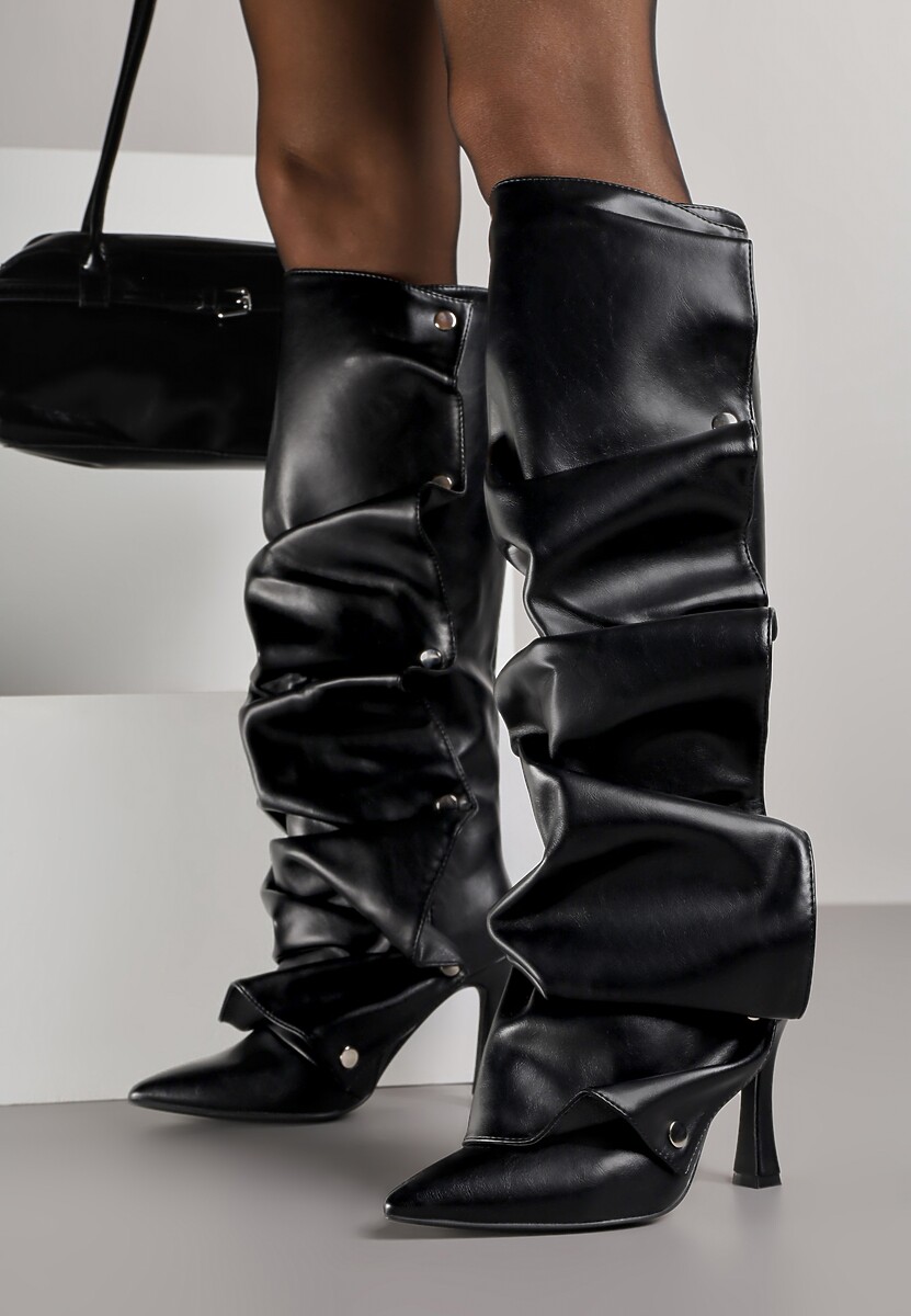 Czarne Marszczone Kozaki na Szpilce z Cholewką na Napy Reiantha