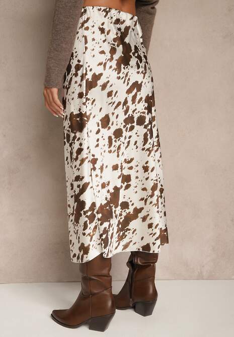 Brązowa Spódnica z Satynowej Tkaniny Zdobiona Krowim Printem Kolorea