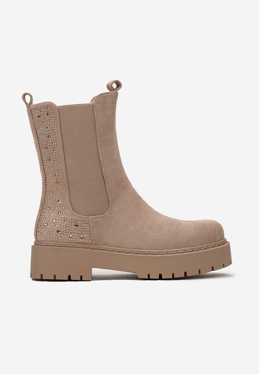 Ciemnobeżowe Botki Sztyblety Grunge na Platformie z Brokatową Wstawką Dugan