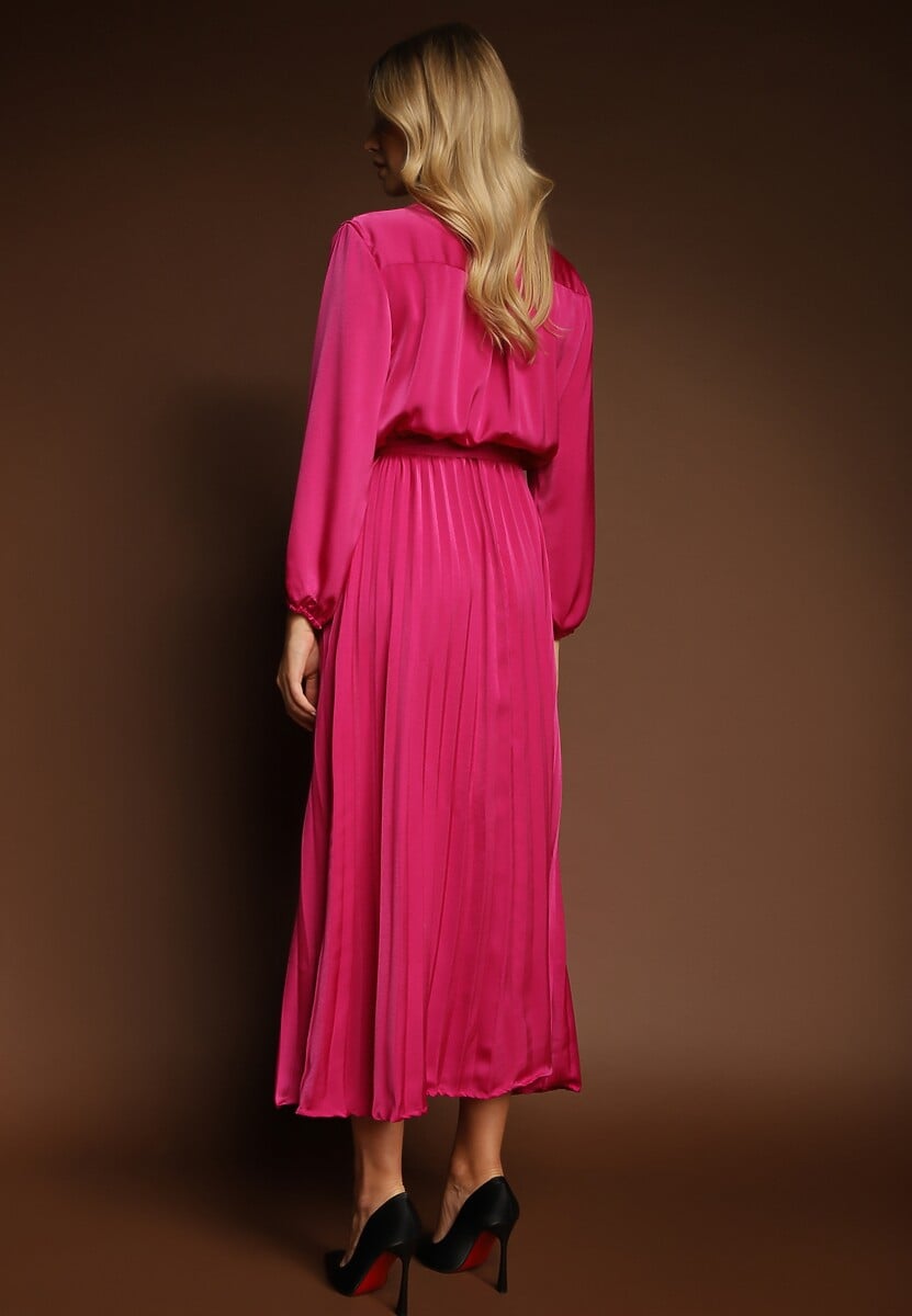 Fuksjowa Maxi Sukienka z Plisowanym Dołem i Kopertowym Dekoltem Basila