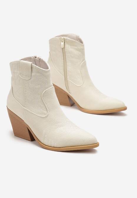 Beżowe Botki Kowbojki na Słupku z Przeszyciami Weava