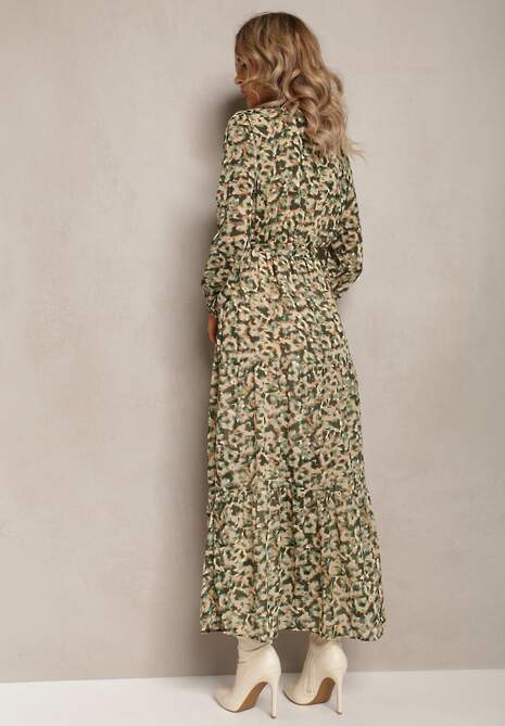 Zielona Sukienka z Kopertowym Dekoltem w Cętki Irdra
