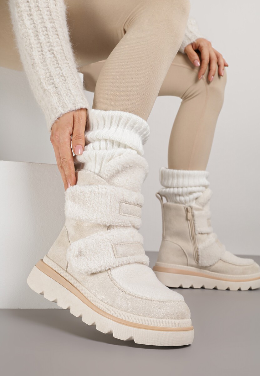 Beżowe Botki Typu Śniegowce na Platformie z Dwoma Ozdobnymi Rzepami Edarlia