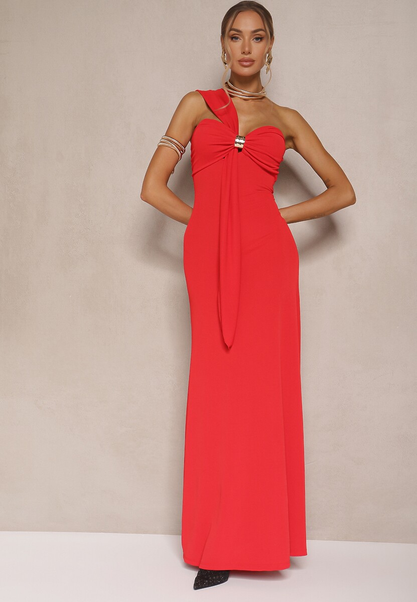 Czerwona Asymetryczna Sukienka Koktajlowa Ozdobiona Metaliczną Aplikacją Divianis