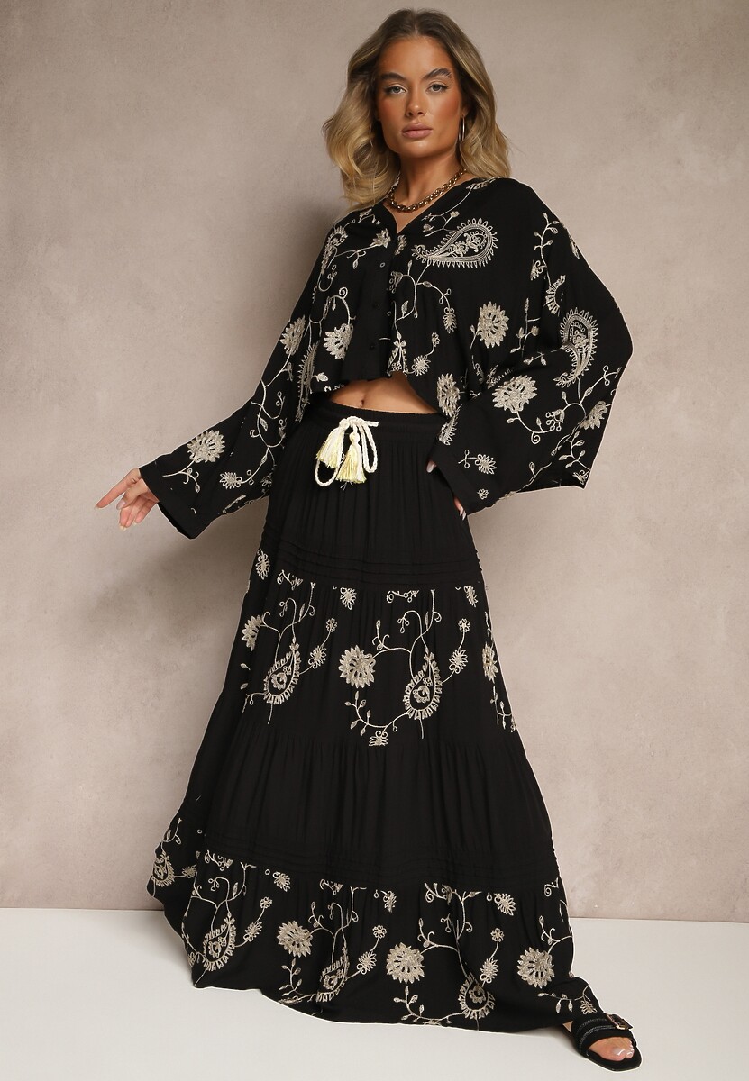 Beżowy Wiskozowy Komplet Boho z Koszulą o Nietoperzowym Kroju i Spódnicą Separia