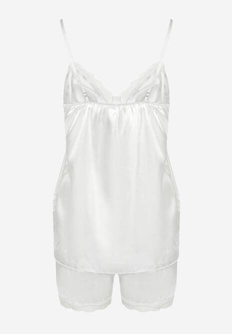 Biały Komplet Piżamowy Satynowy Top na Ramiączkach i Szorty z Koronką Silentta