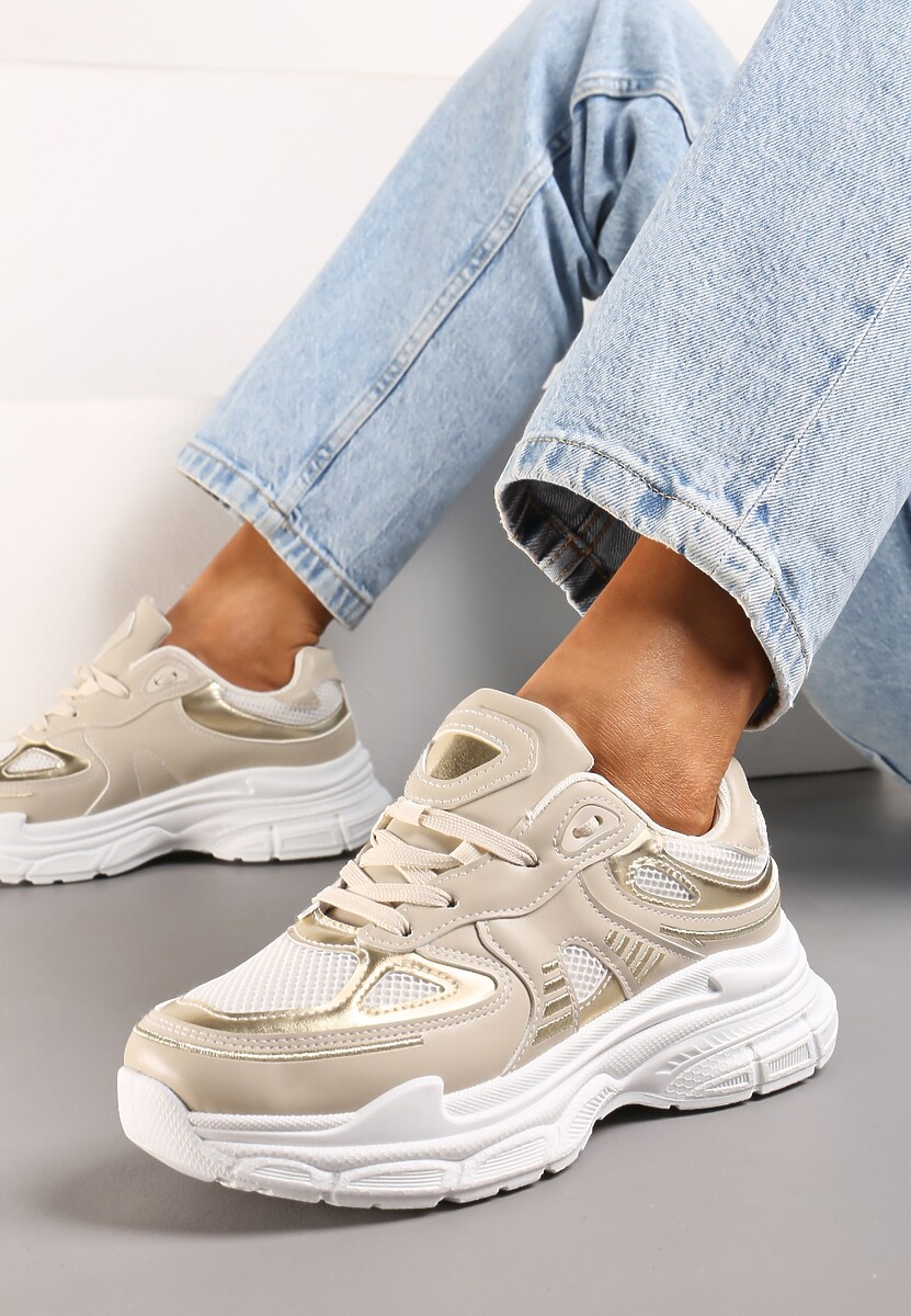 Beżowe Sneakersy z Siateczkowymi i Metalicznymi Wstawkami Telarisa