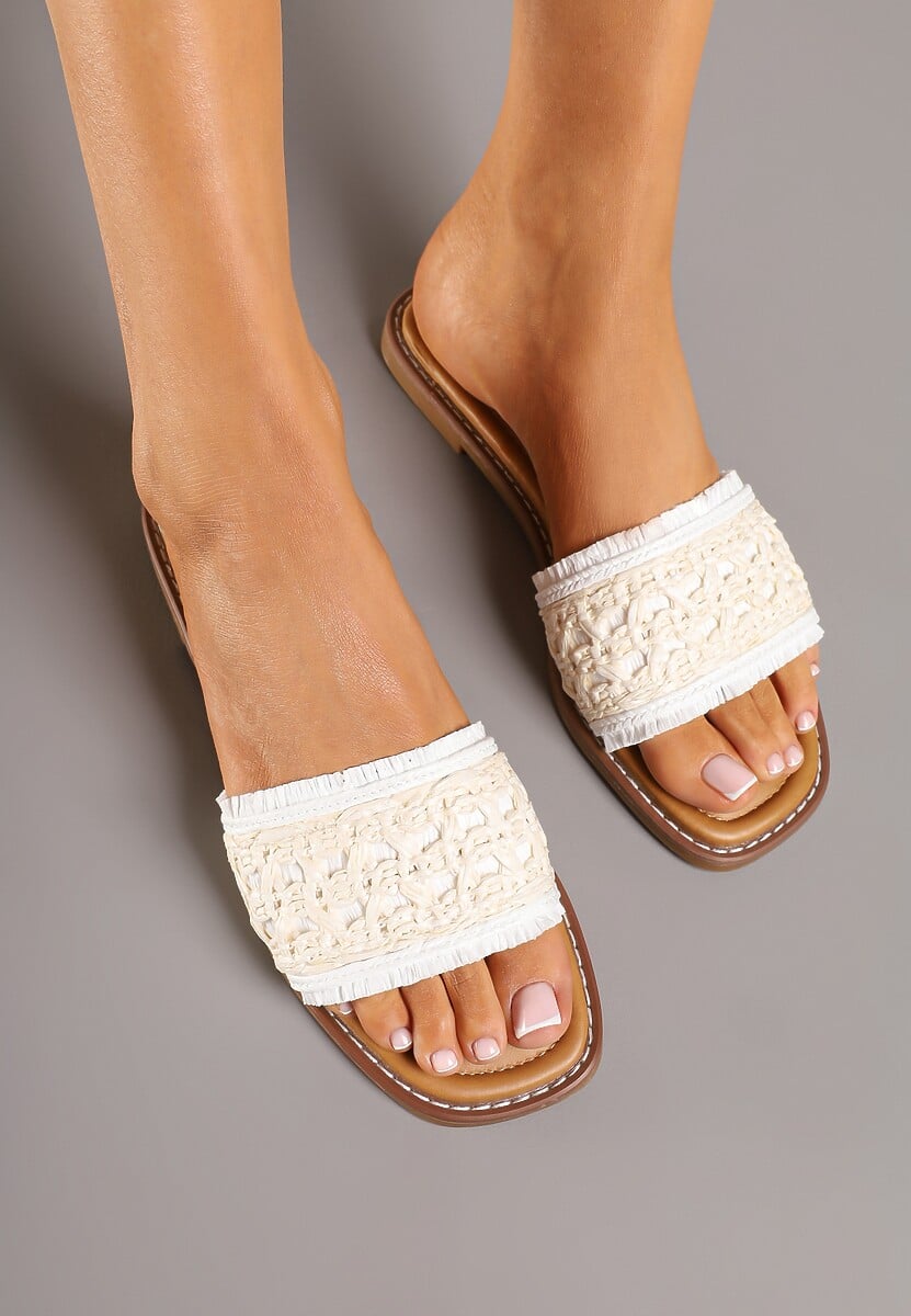 Beżowe Klapki Ozdobione Plecioną Cholewką Nimiolia