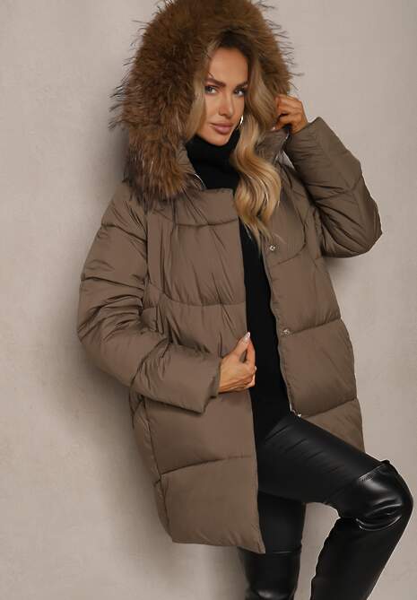 Ciemnozielona Kurtka z Pikowanymi Przeszyciami z Kapturem z Odpinanym Futrem Wiązana w Talii Issarelia