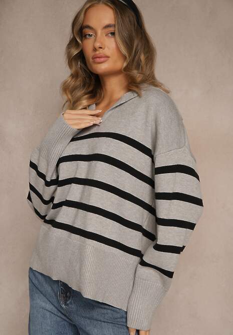 Czarno-Szary Sweter w Paski z Dekoltem w Serek z Kołnierzykiem Ralinavia