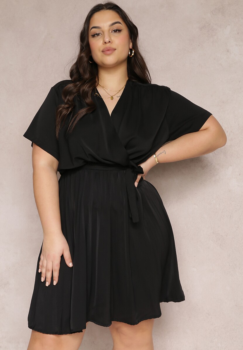 Pomarańczowa  Sukienka z Gumką w Pasie i Kopertowym Dekoltem Azrah