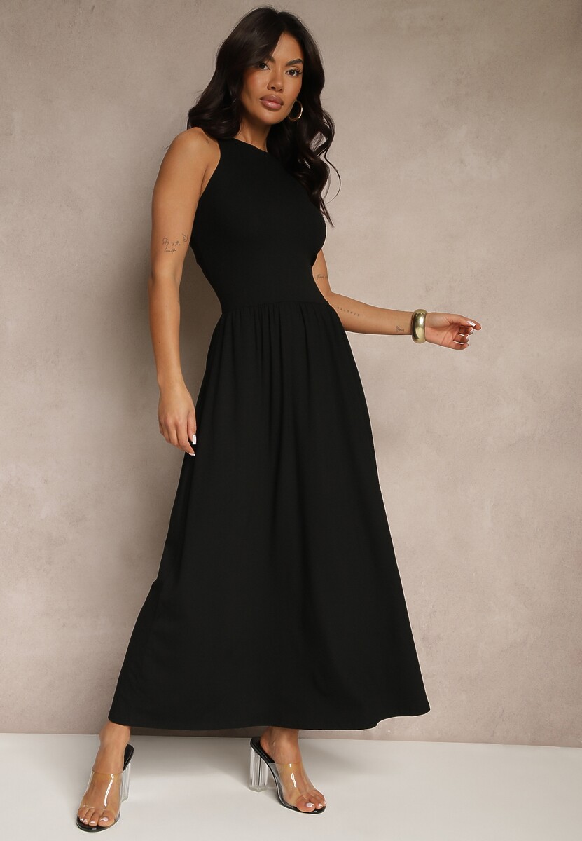 Czarna Rozkloszowana Sukienka z Bawełny z Kieszeniami Lirevane