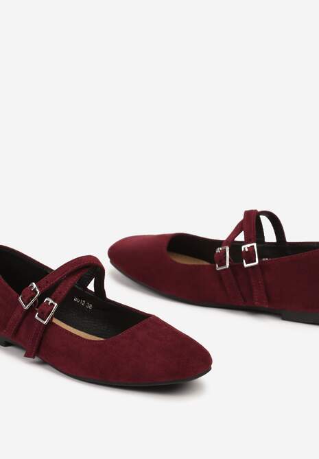 Bordowe Balerinki o Kwadratowym Nosku z Paskami i Eleganckimi Klamerkami Nailan
