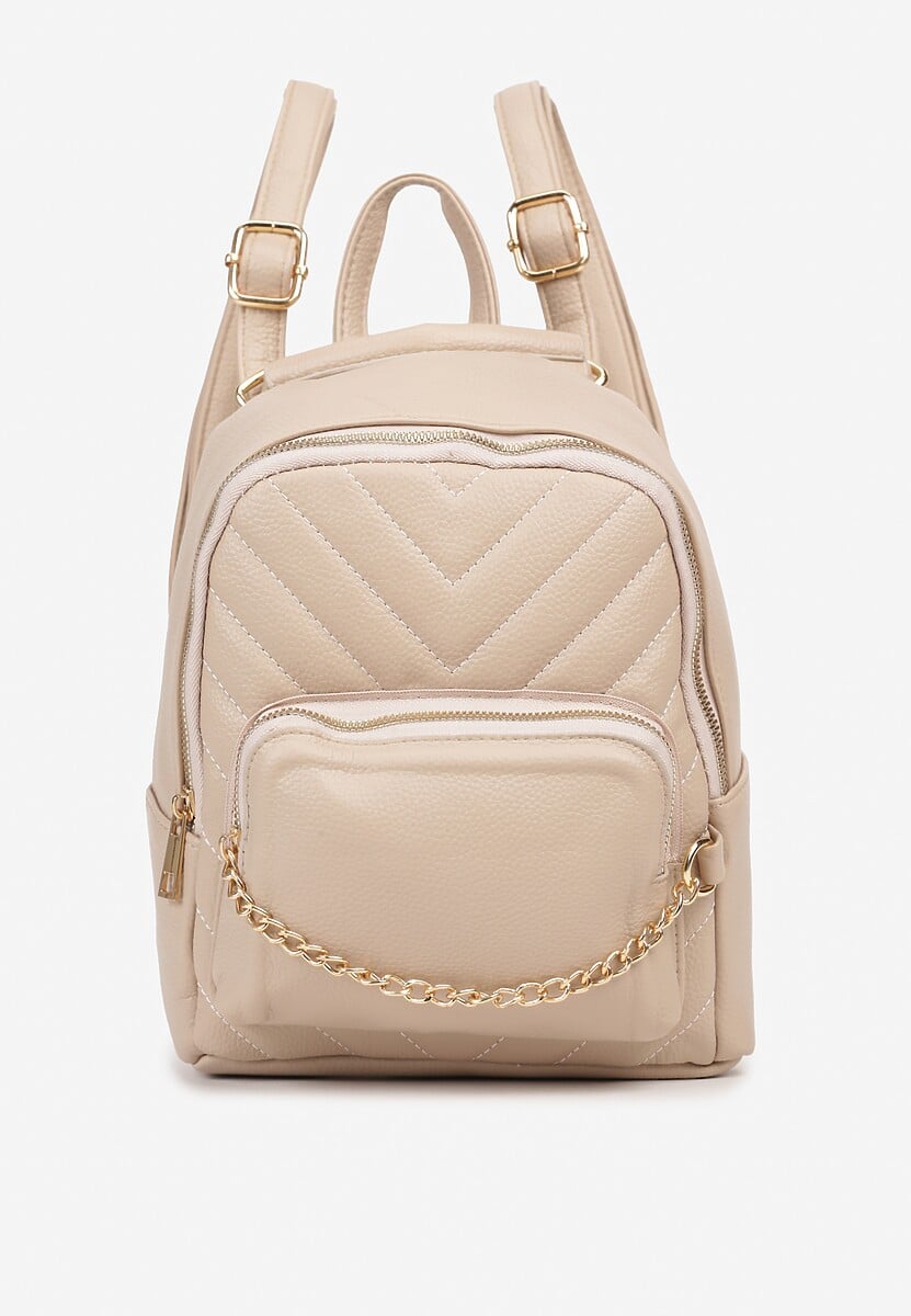 Beżowy Plecak Ozdobiony Łańcuszkiem i Pikowaniem Kolaggia