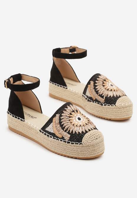 Czarne Sandały na Platformie Ozdobione Plecionką Meraliria