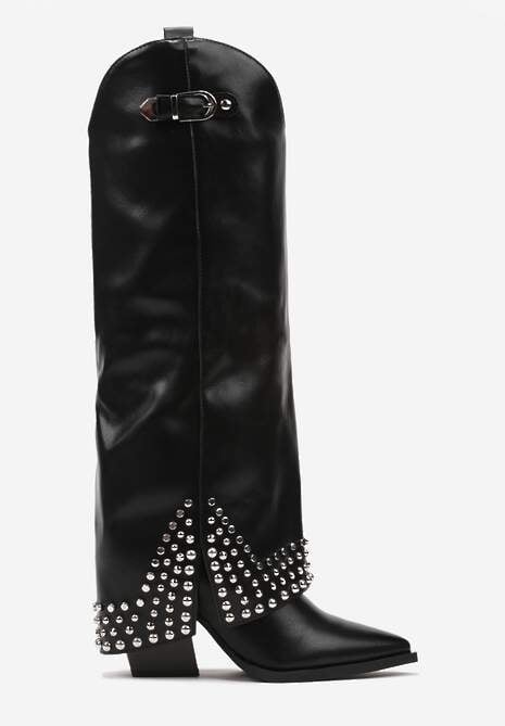 Czarne Kozaki z Ekoskóry w Stylu Kowbojek z Nitami i Wywiniętą Cholewką Irimora