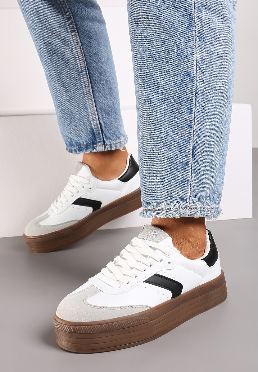 Czarne Sneakersy na Niskiej Platformie z Ekozamszowymi Wstawkami Irisca