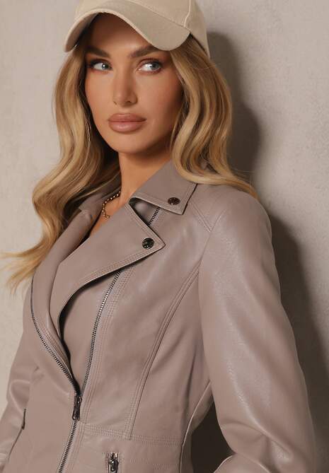 Ciemnobeżowa Kurtka w Stylu Ramoneski z Suwakiem i Napami Mevira