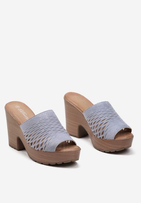 Niebieskie Ażurowe Klapki Chodaki na Platformie i Słupku Sabinna