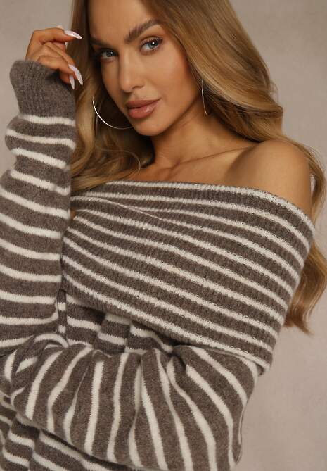 Jasnobrązowy Pasiasty Sweter z Domieszką Wełny i Wiskozy z Odkrytymi Ramionami Nelevia