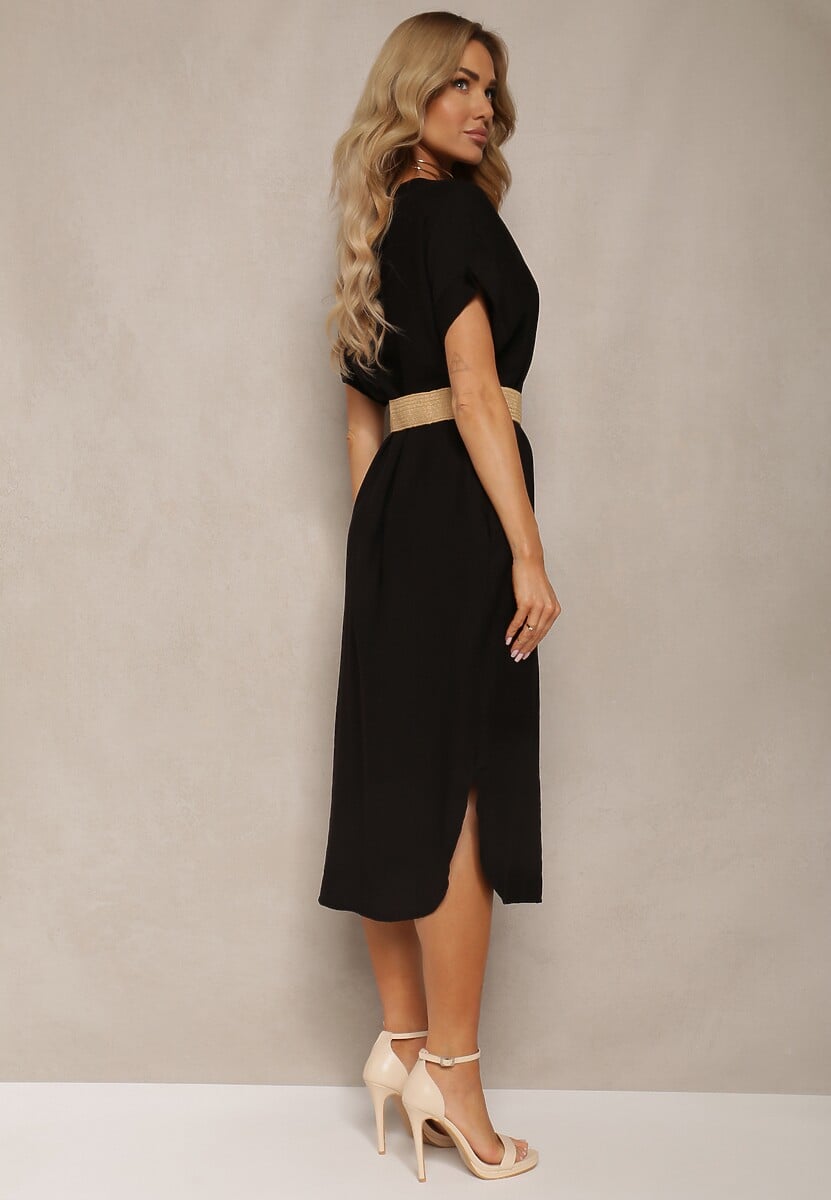 Czarna Sukienka z Wiskozy z Trójkątnym Dekoltem i Paskiem z Plecionki Diremia