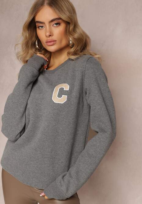 Szara Bluza z Naszywką o Fasonie Zakładanym Przez Głowę Esemia