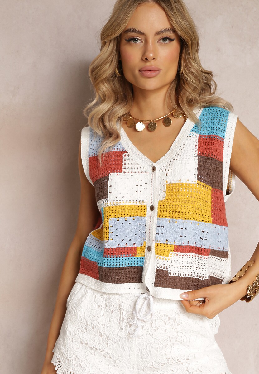 Biało-Żółty Top z Bawełnianej Dzierganej Tkaniny Zapinany na Guziki Kawayne