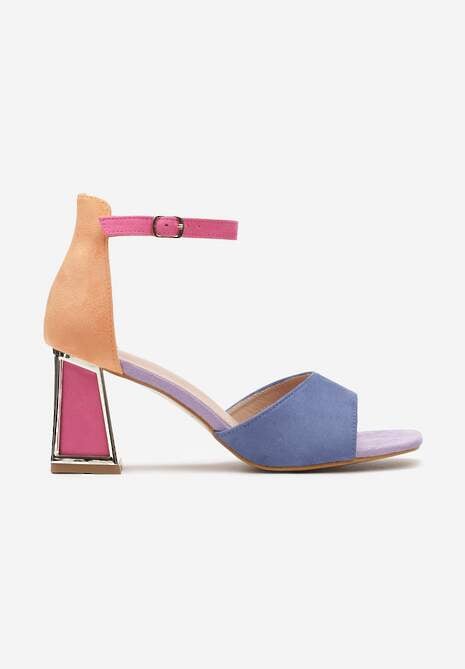 Niebiesko-Różowe Sandały z Ekoskóry na Słupku z Metalicznym Wykończeniem Zapinane przy Kostce Dannesia