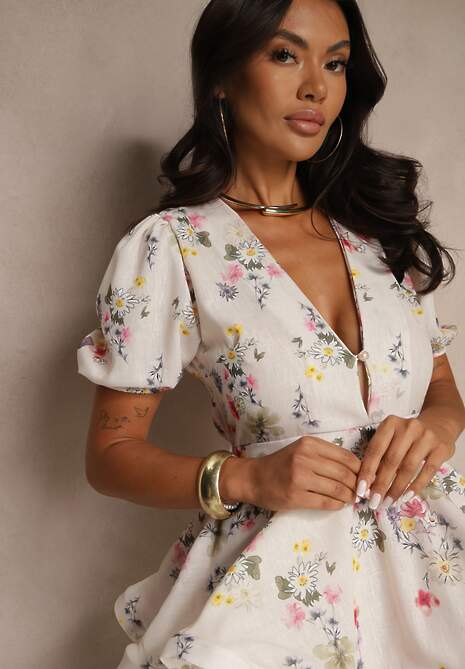 Biała Rozkloszowana Sukienka z Bawełny Zdobiona Falbanami i Kwiatowym Wzorem Sarolisse