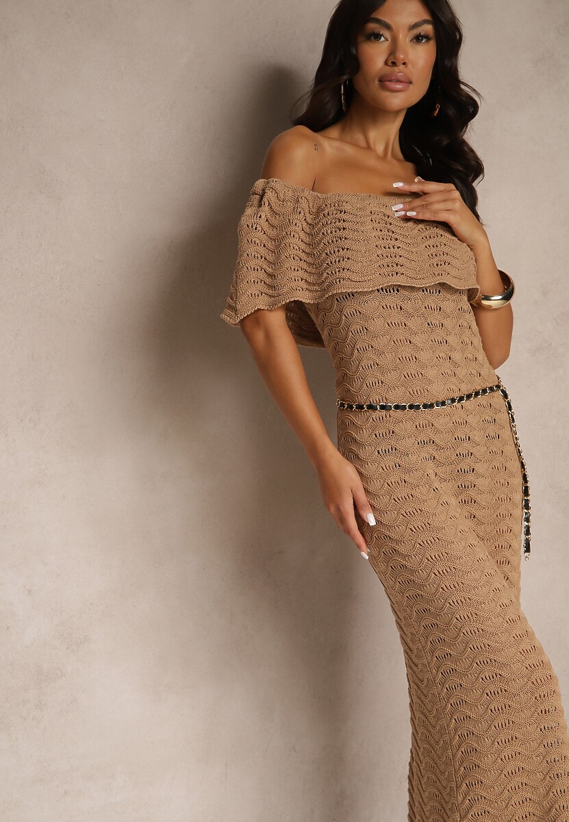 Beżowa Sukienka Hiszpanka z Ażurowej Tkaniny z Ozdobnym Dekoltem Filadella
