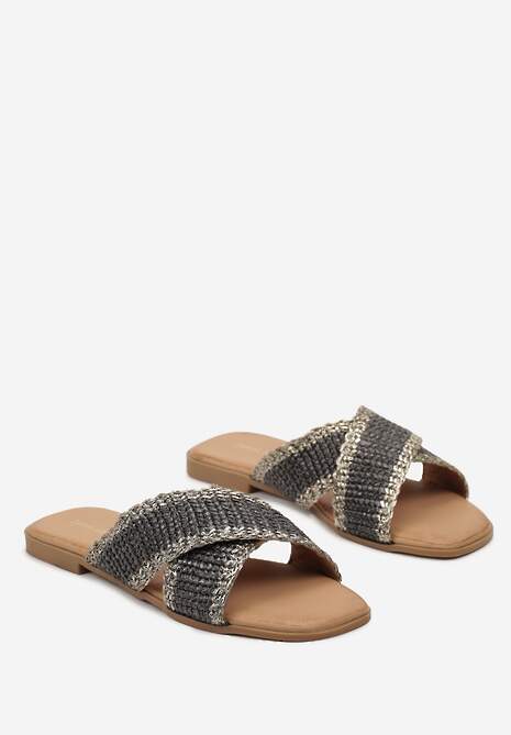 Ciemnoszare Ozdobnie Plecione Klapki na Płaskiej Podeszwie Neirika