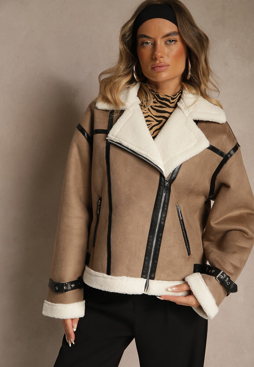 Czarna Kurtka Ramoneska w Stylu Biker z Kożuszkiem i Sprzączkami Mendrie