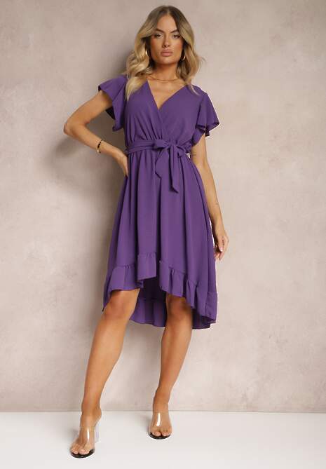 Fioletowa Sukienka z Asymetrycznym Tyłem z Kopertowym Dekoltem Ozdobiona Paskiem w Talii Toridia