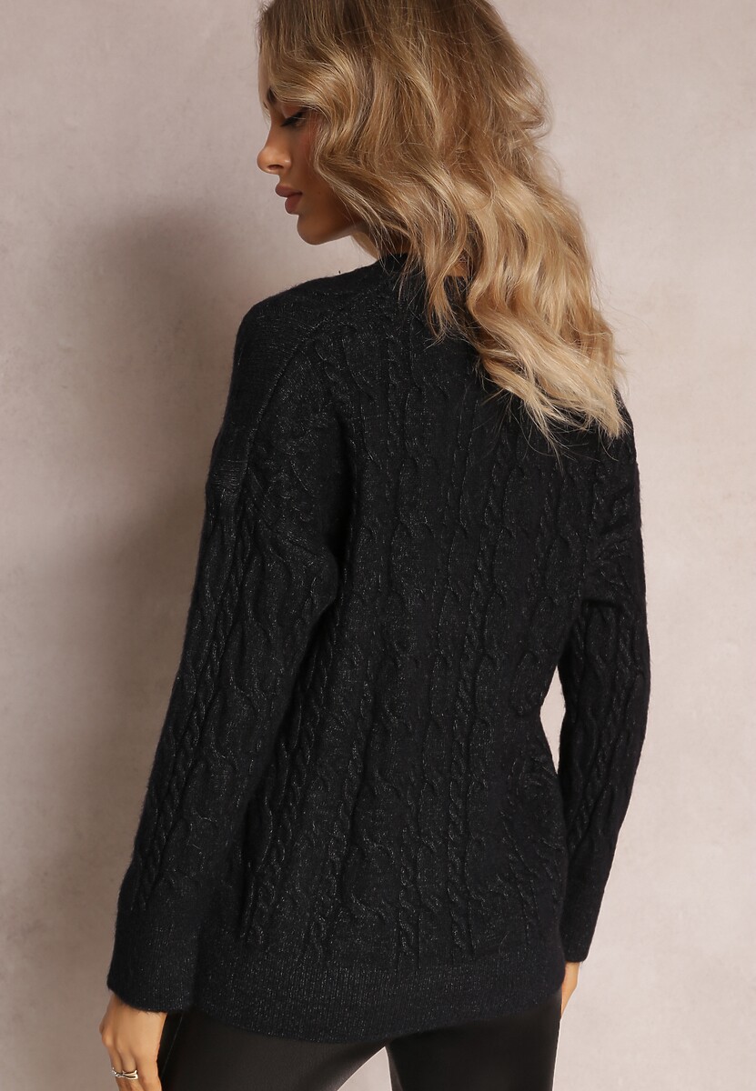 Czarny Sweter z Okrągłym Dekoltem i Splotem w Warkocze z Połyskiem Dawnitta