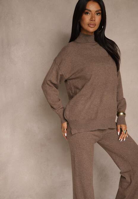 Brązowy Komplet Dzianinowy z Wełną i Bawełną Sweter Golf i Szerokie Spodnie  Reipella