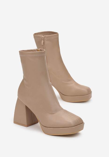 Ciemnobeżowe Dopasowane Botki na Geometrycznym Obcasie i Platformie Agriopa
