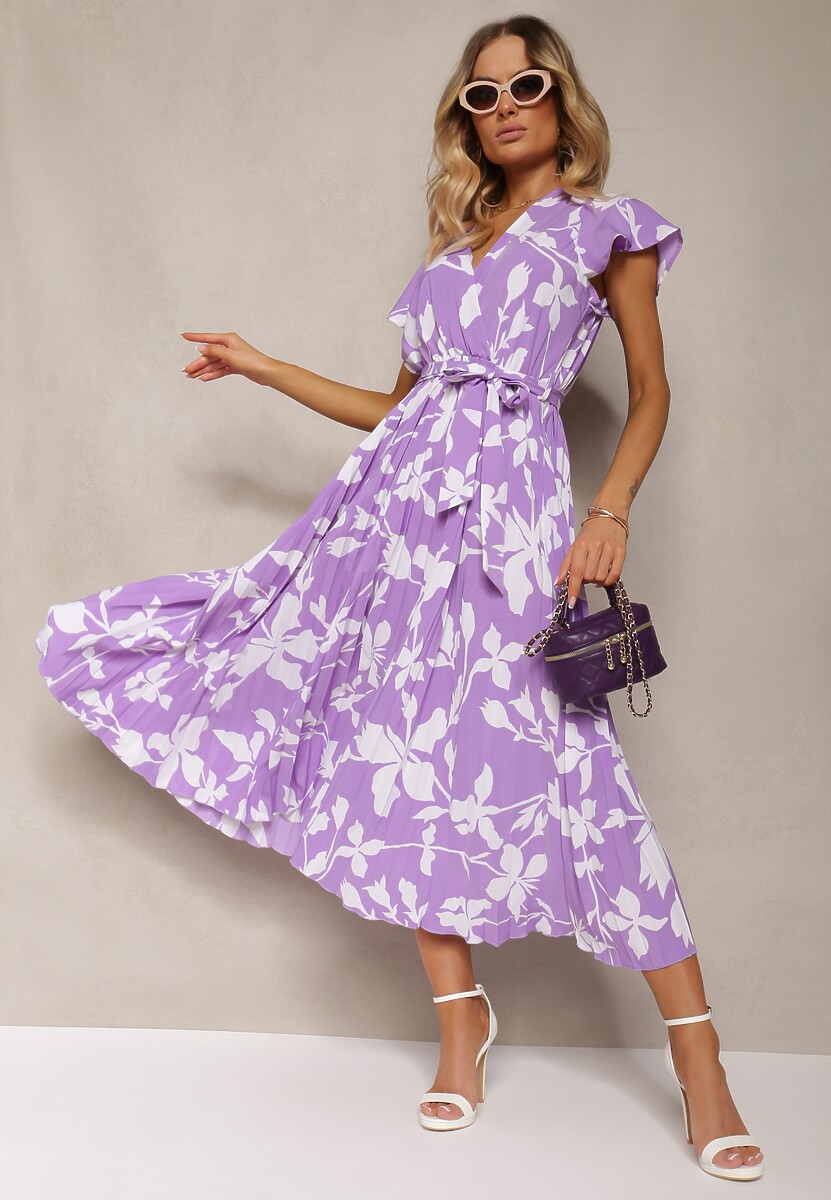 Fioletowa Sukienka z Kopertowym Dekoltem Plisowanym Dołem Wykończona w Talii Paskiem i Gumką Elsavia