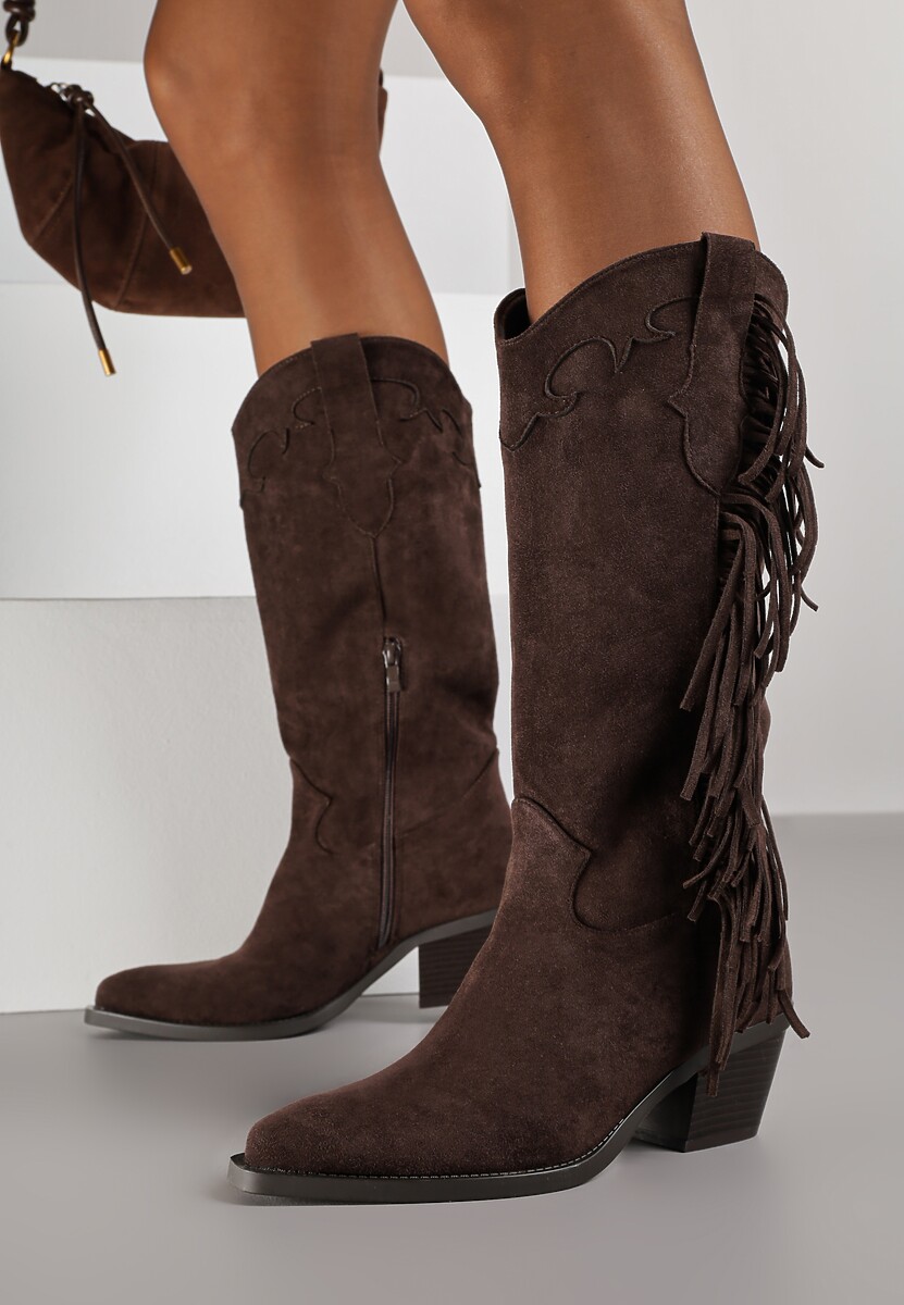 Ciemnobrązowe Kozaki Kowbojki na Stożku Ozdobione Frędzlami Reianeva