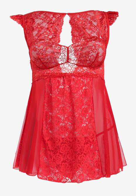 Czerwona Koronkowa Koszula Nocna Mini z Siateczki ze Stringami w Komplecie Tuala