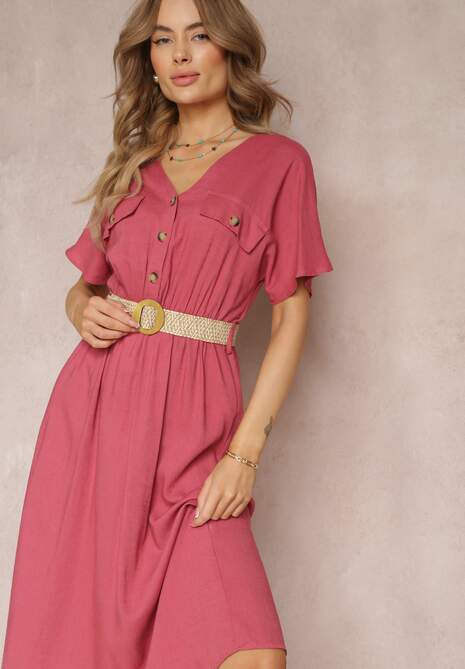 Ciemnoróżowa Koszulowa Sukienka Midi z Bawełny z Gumką w Talii i Plecionym Paskiem Emera