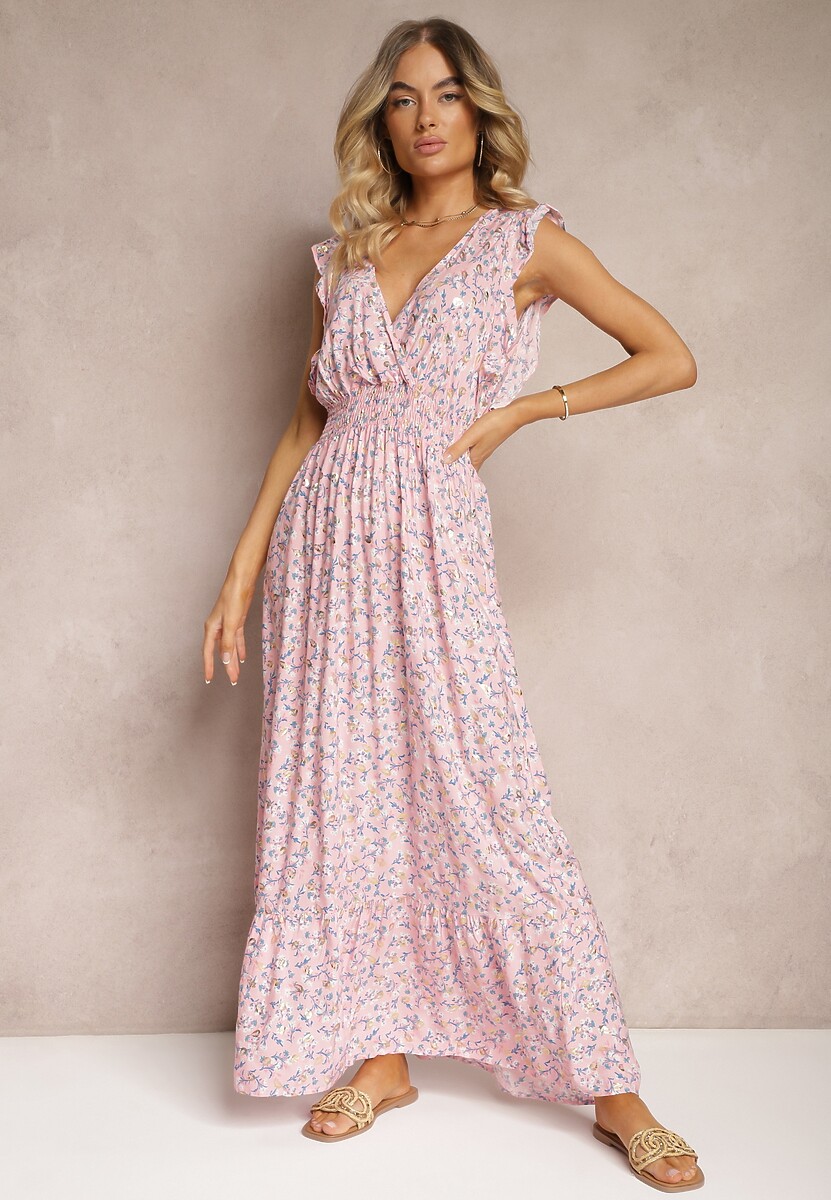 Różowa Sukienka z Wiskozy o Rozkloszowanym Kroju z Gumką w Pasie i Falbankami Xardia