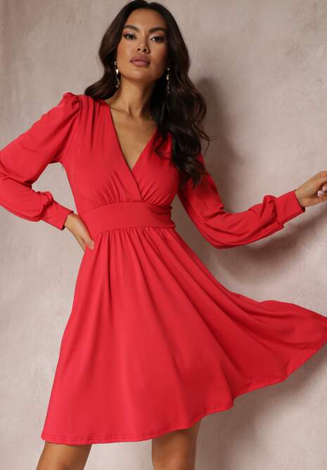 Czerwona Sukienka Kopertowa Taliowana Hosidius