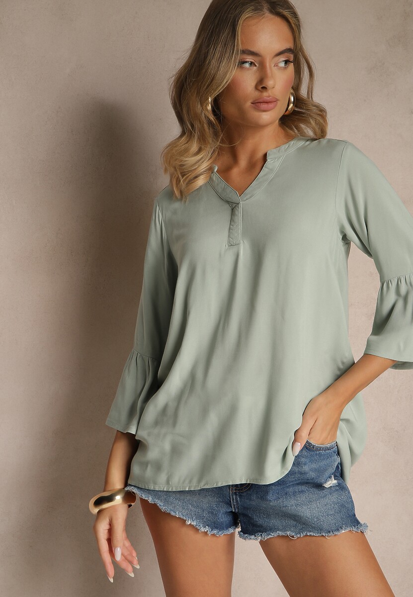 Zielona Bluzka z Wiskozy Ozdobiona Falbankami Ralivia