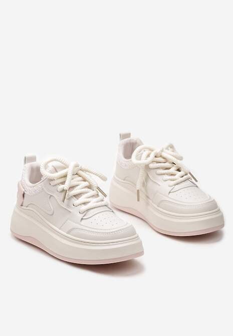 Beżowo-Różowe Sneakersy na Platformie przed Kostkę z Ozdobnymi Przeszyciami Arsicada
