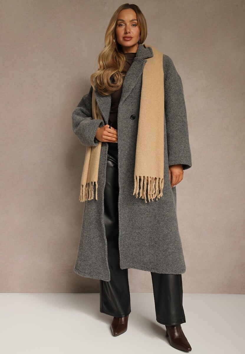 Ciemnobeżowy Gładki Szalik z Frędzlami Vetimare