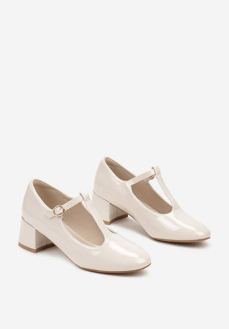 Białe Czółenka Lakierowane na Słupku Wykończone Sprzączką Velarise