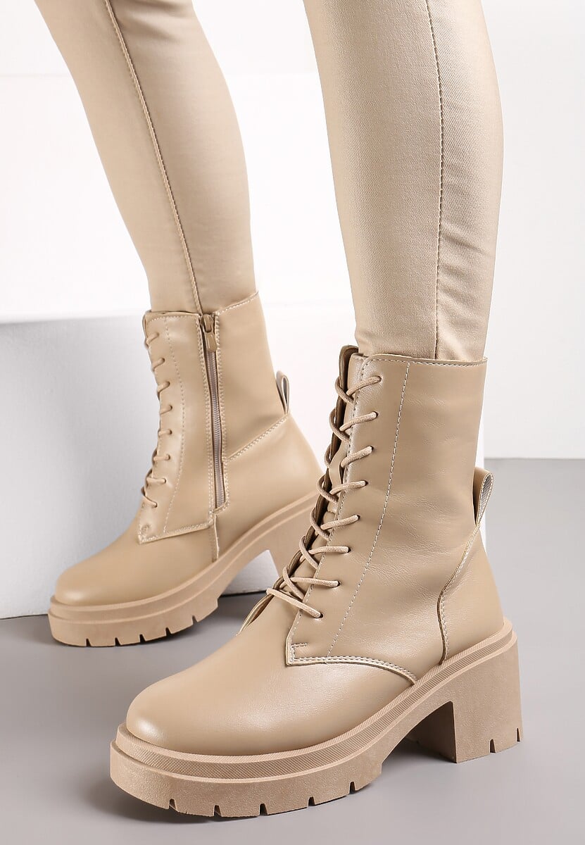 Beżowe Sznurowane Botki z Imitacji Skóry na Podeszwie z Platformą i Żłobieniami Zaran
