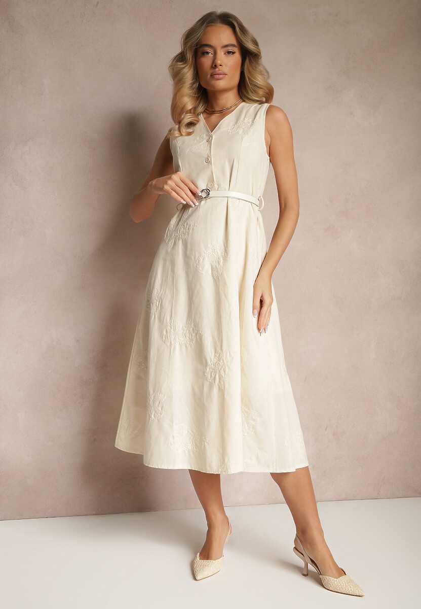 Czarna Rozkloszowana Sukienka z Wiskozą z Paskiem i Guzikami Ulisena