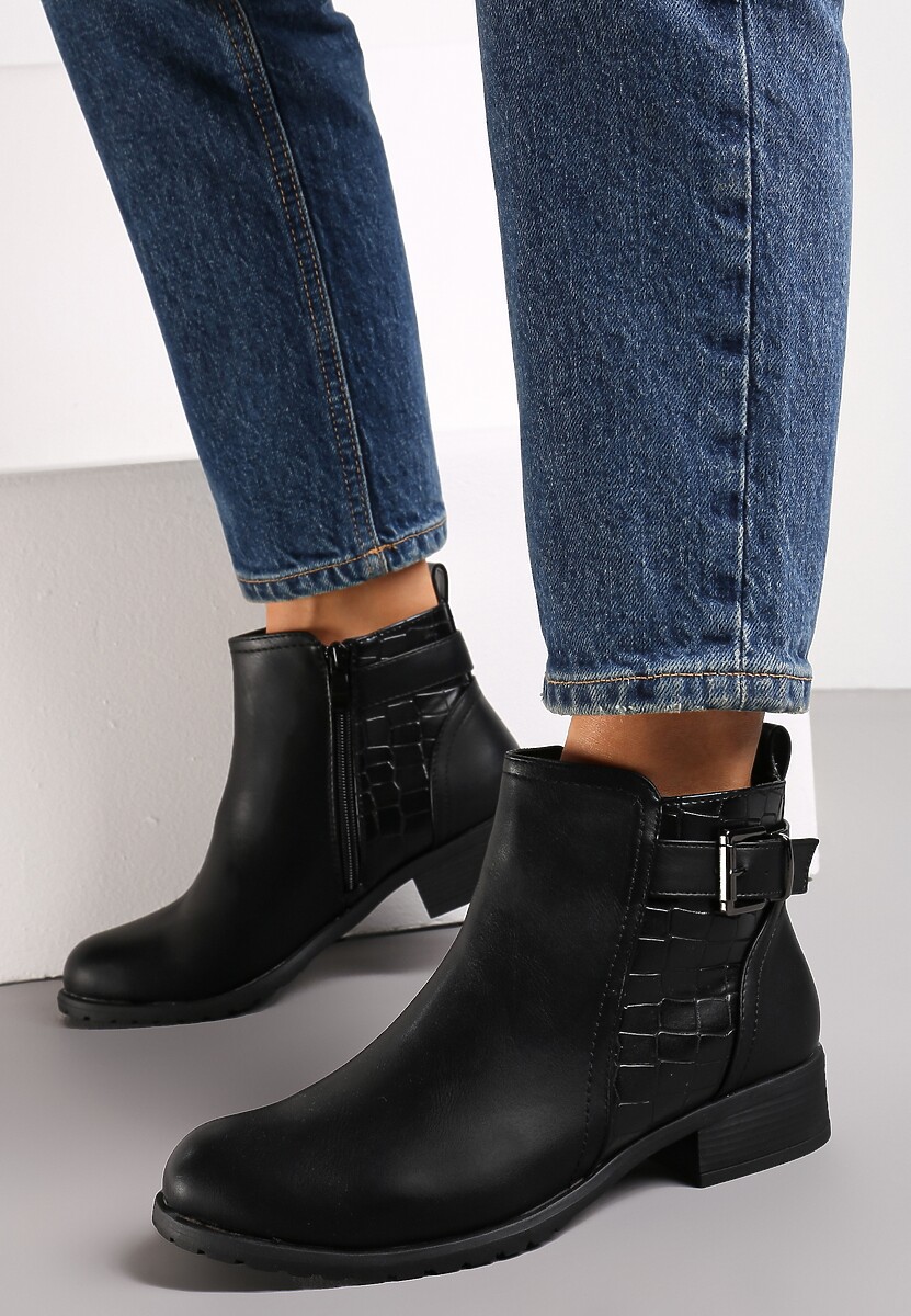 Czarne Botki z Ekoskóry ze Zwierzęcym Motywem i Ozdobną Klamrą Avalone